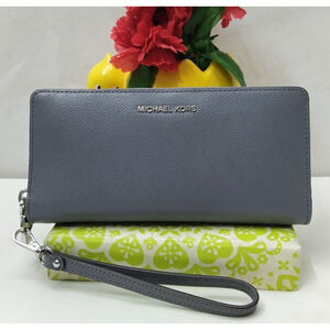 Michael Kors Gray Crossgrain Leather Zip Around Credit Card Wallet